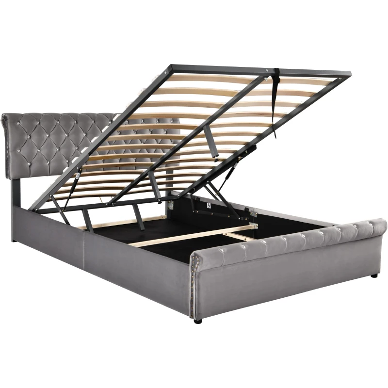 Cama tapizada con almacenamiento hidráulico y cabecero ajustable en altura, sin colchón, 140 x 200 cm, Gris