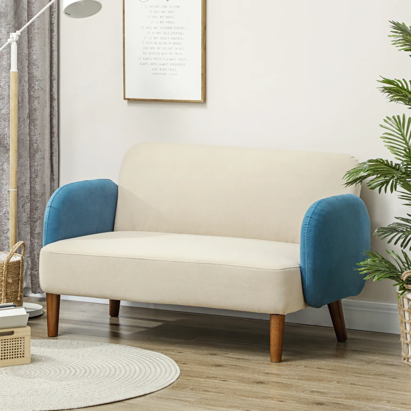 HOMCOM Two-Seater Velvet-Feel Mid Century Sofa - Cream/Blue