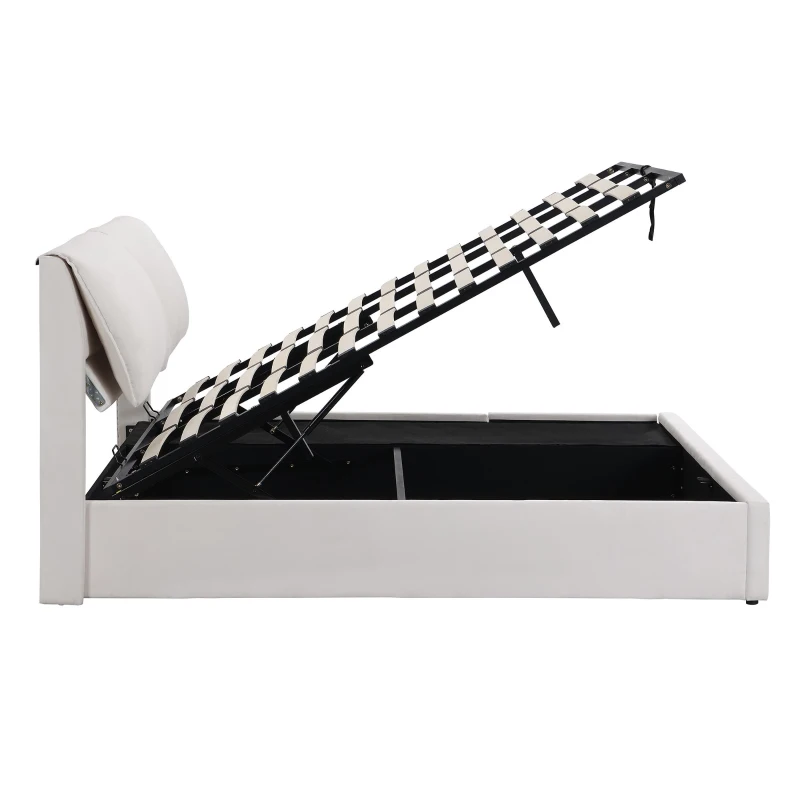 Polsterbett mit hydraulischem Bettkasten und drei Schubladen, Lattenrost mit Kopfteil, ohne Matratze, 180×200 cm, Weiß