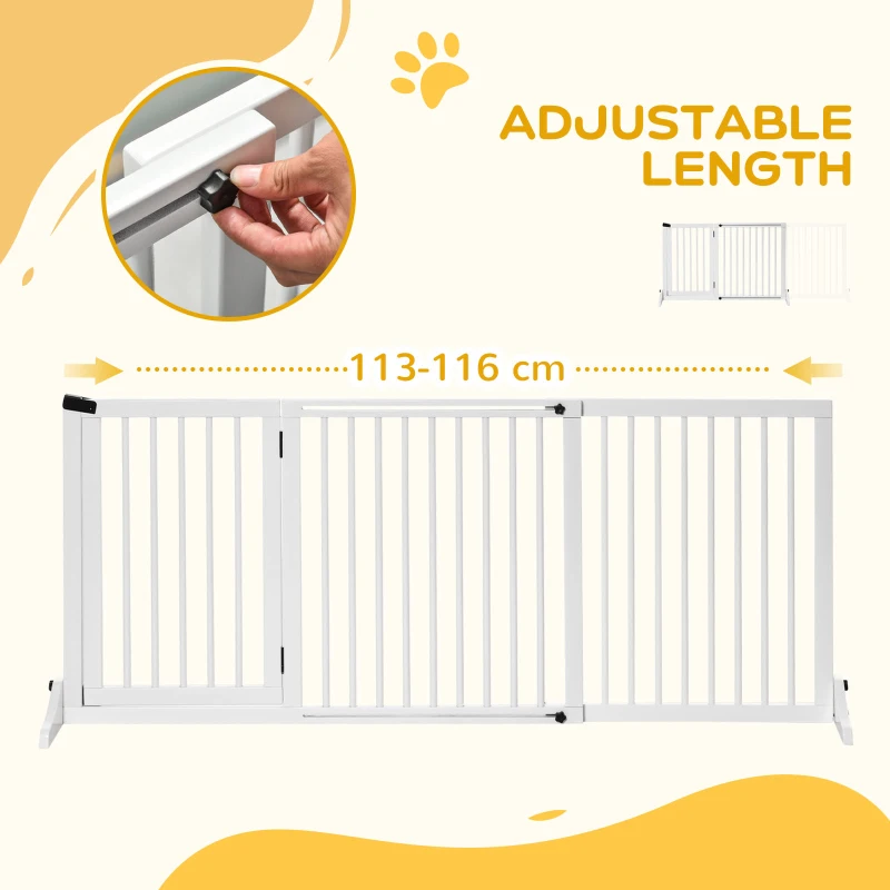 PawHut Adjustable Wooden Pet Gate Freestanding Dog Barrier Fence Doorway 3 Panels Safety Gate w/ Lockable Door White 71H x 113-166W cm
