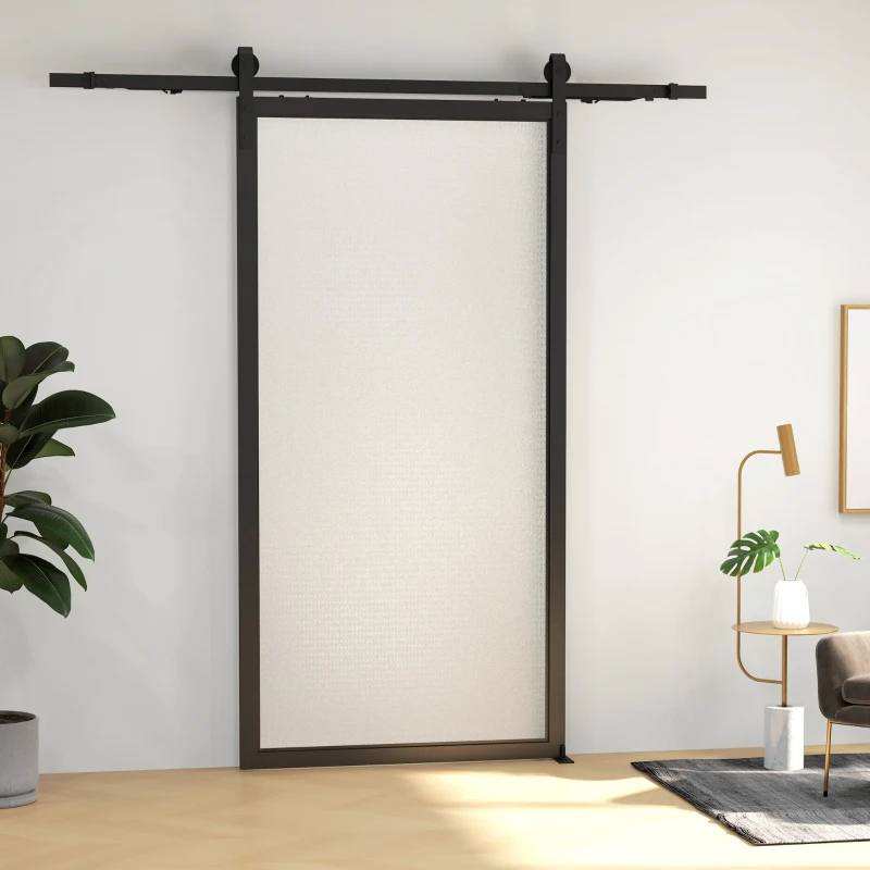 HOMCOM 6.6FT/200cm Kit de Ferragens para Porta Deslizante de Celeiro com Amortecedor Sem Perfuração e 2 Trilhos Preto