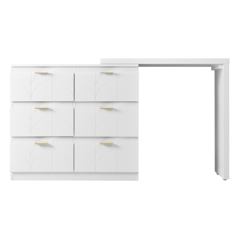 Vanity Table with 6 Storage Drawers, Rotating Top, Gold Handles, Dressing Table with Shock-Resistant Corners, 136.5L x 40W x 73H cm, White