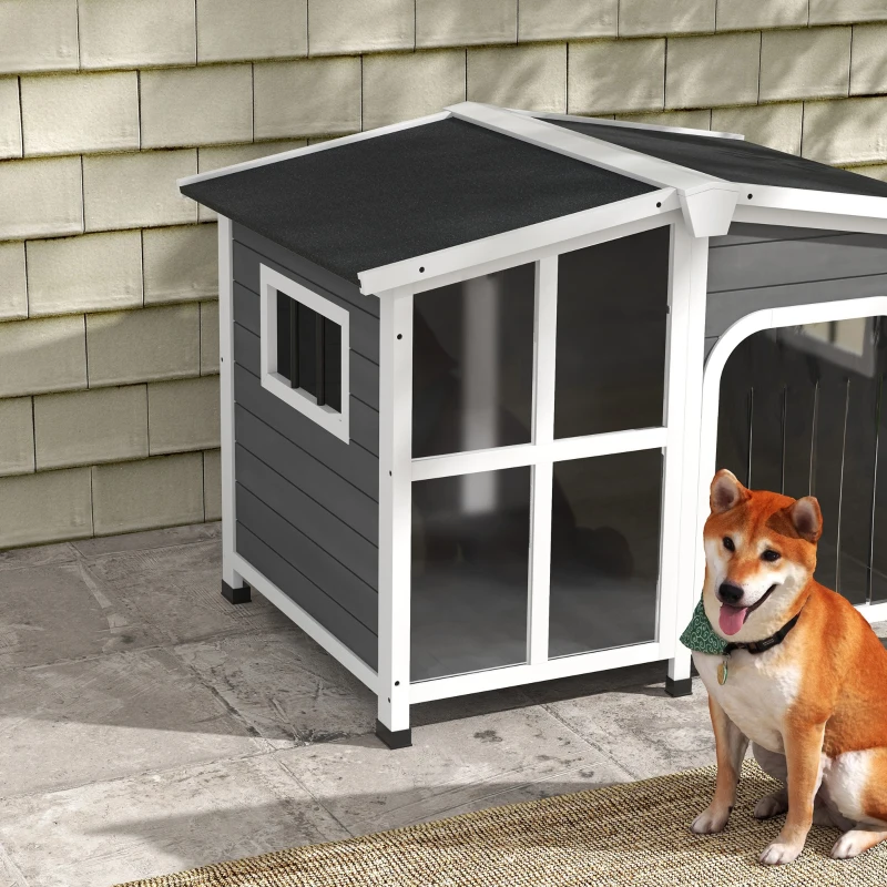 PawHut Casa para Cães de Madeira com Teto Abatível Porta com Cortina e Fundo Amovível 101x66,5x70,5cm Cinza Escuro