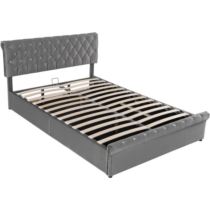 Cama tapizada con almacenamiento hidráulico y cabecero ajustable en altura, sin colchón, 140 x 200 cm, Gris