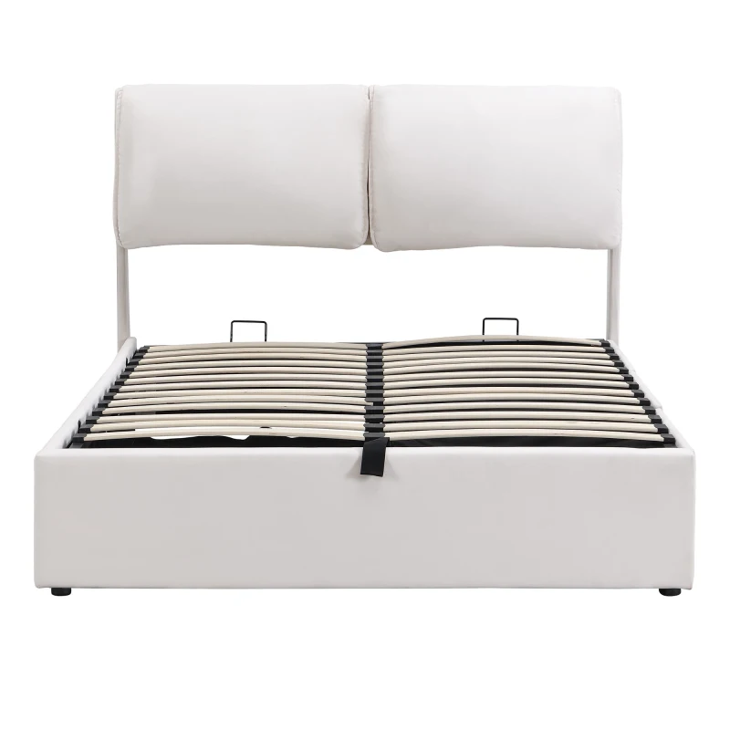 Polsterbett mit hydraulischem Bettkasten und drei Schubladen, Lattenrost mit Kopfteil, ohne Matratze, 140x200 cm, Weiß