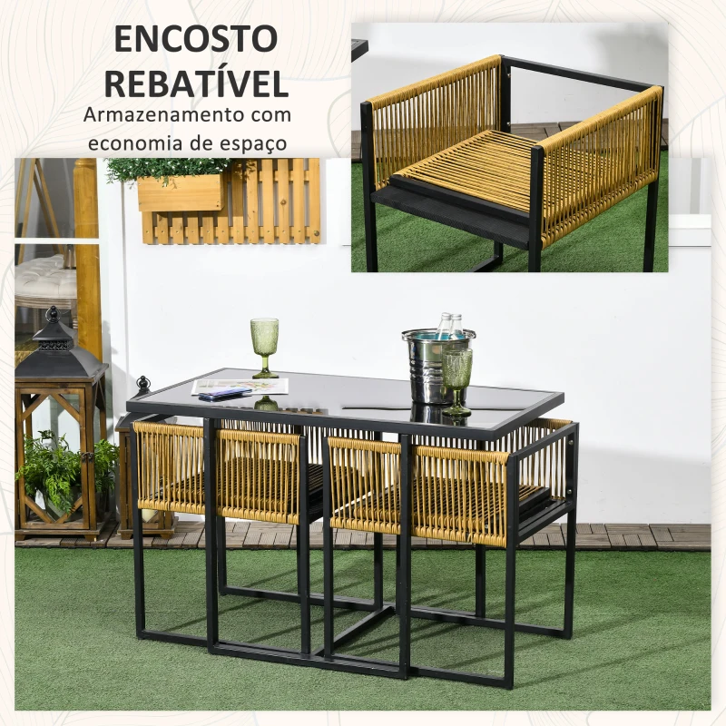 Outsunny Conjunto de 3 Peças de Jardim com 2 Cadeiras de Vime com Encosto Dobrável e Almofadas e Mesa de Vidro Natural e Preto
