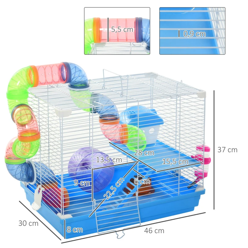 PawHut Gaiola para Hámster 46x30x37cm Gaiola para Roedores com Tubos Comedouro Bebedouro Rampa Roda de Exercícios e Alça Portátil para Interior e Exterior Multicor