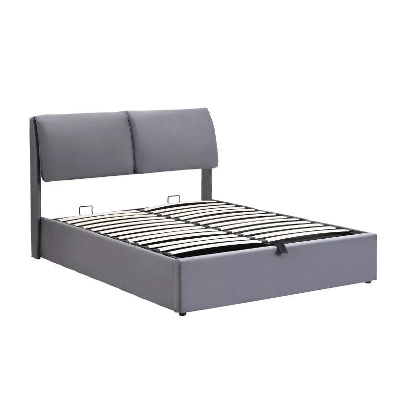 Letto imbottito con contenitore idraulico e tre cassetti, rete a doghe con testiera, senza materasso, 140x200 cm, Grigio