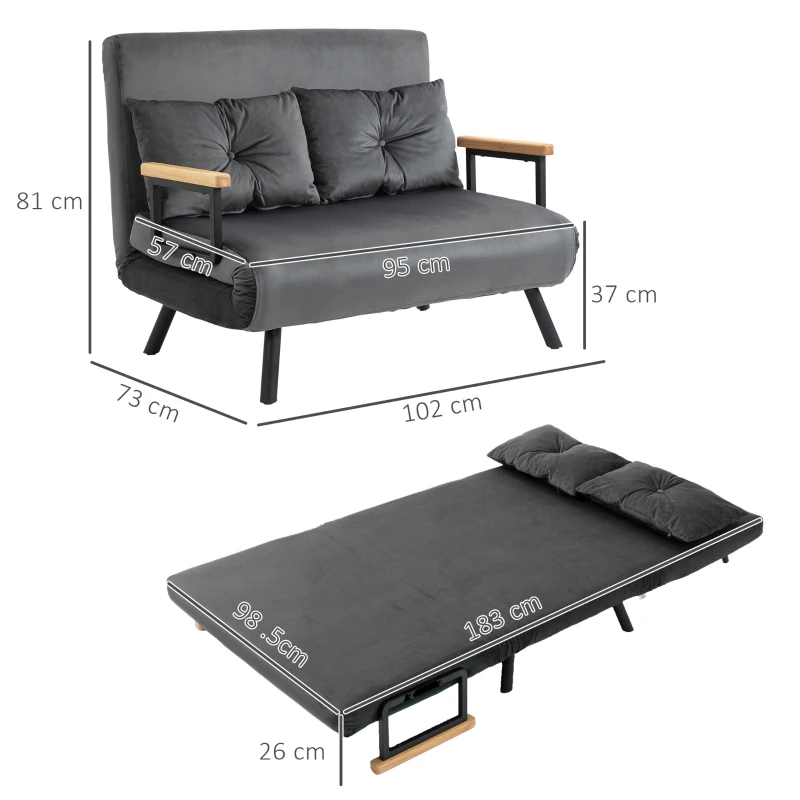 HOMCOM Canapea Pat de 2 Locuri cu Spătar Reglabil pe 5 Nivele și 2 Perne din Material Capitonat, 102x73x81 cm, Gri Închis(m-3)