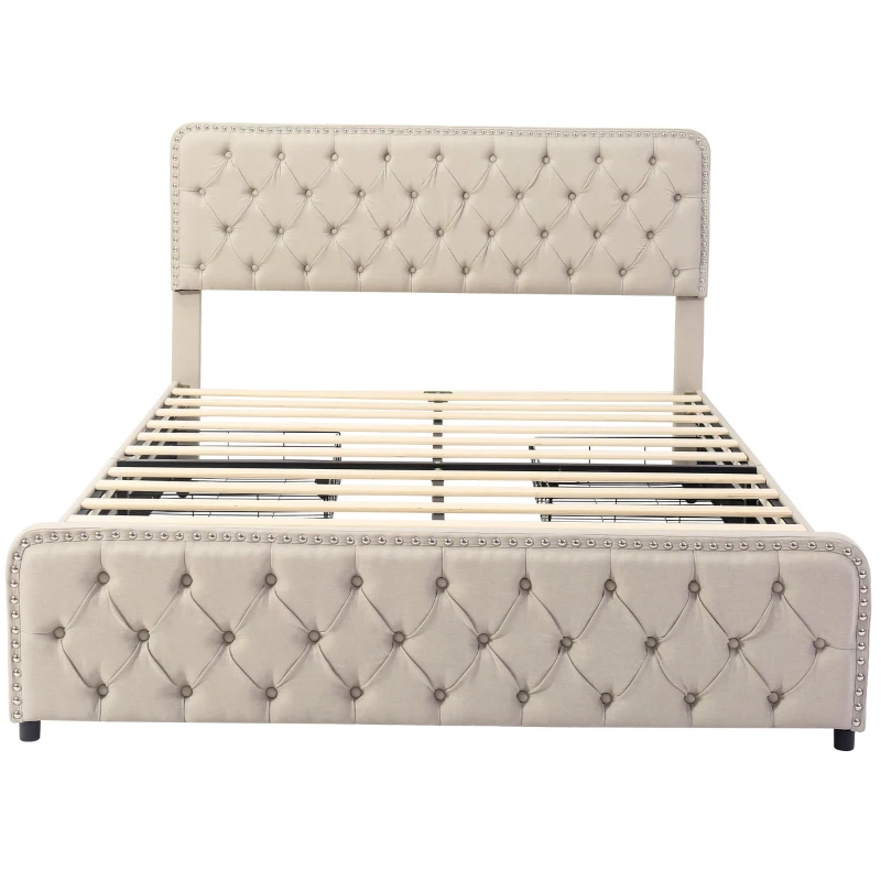 Polsterbett mit höhenverstellbarem Kopfteil und vier Schubladen, ohne Matratze, 180×200 cm, Beige