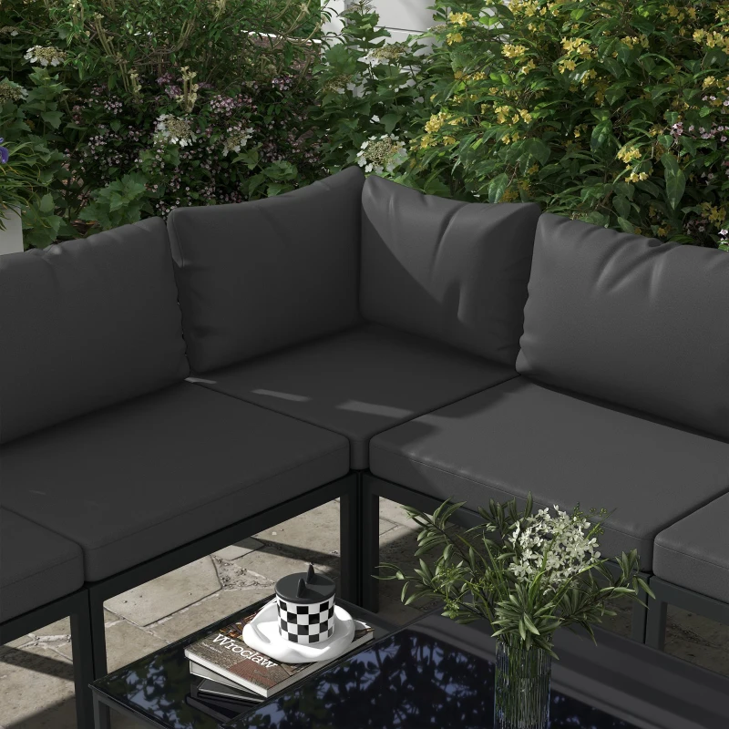 Outsunny Conjunto de Móveis de Jardim 7 Peças Inclui 4 Sofás de Exterior 1 Sofá de Canto e 2 Mesas de Centro para Pátio Cinza