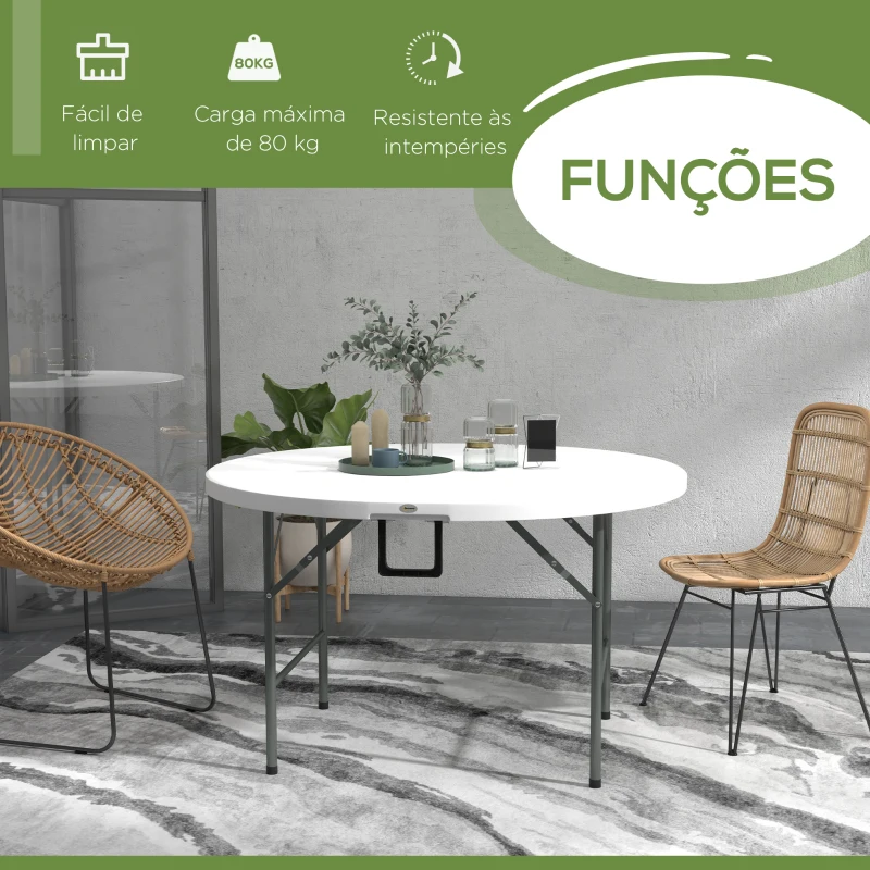 Outsunny Mesa de Jardim Redonda Mesa de Varanda Dobrável com Estrutura de Aço e Bancada de HDPE Ø122x73 cm Branco