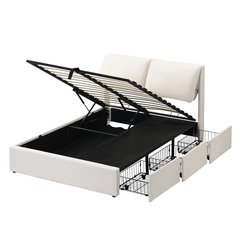 Polsterbett mit hydraulischem Bettkasten und drei Schubladen, Lattenrost mit Kopfteil, ohne Matratze, 140x200 cm, Weiß