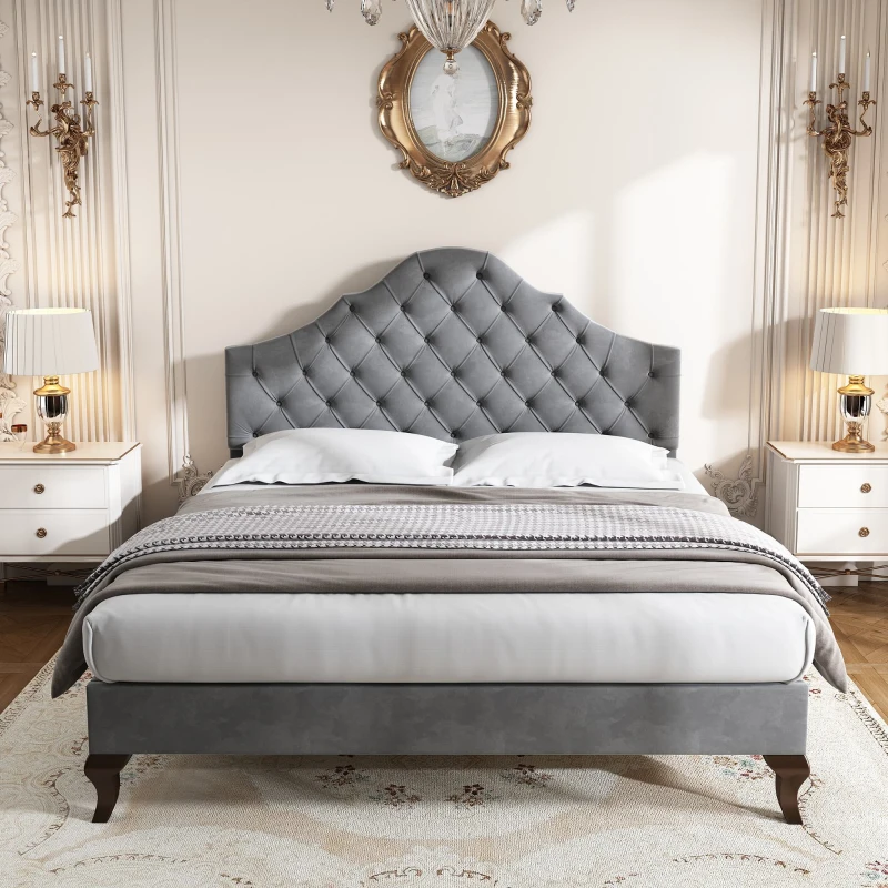 Lit rembourré avec tête de lit réglable en hauteur et sommier à lattes, sans matelas, 90×200 cm, Gris