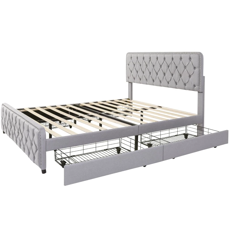 Polsterbett mit hydraulischem Bettkasten und drei Schubladen, Lattenrost mit Kopfteil, ohne Matratze, 180×200 cm, Hellgrau