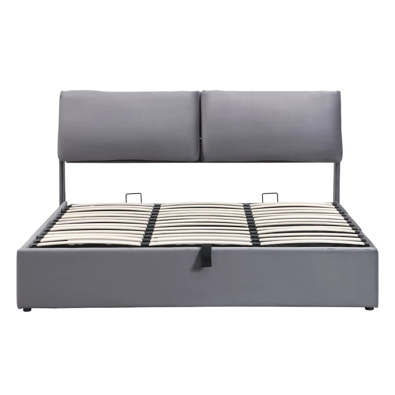 Letto imbottito con contenitore idraulico e tre cassetti, rete a doghe con testiera, senza materasso, 180×200 cm, Grigio