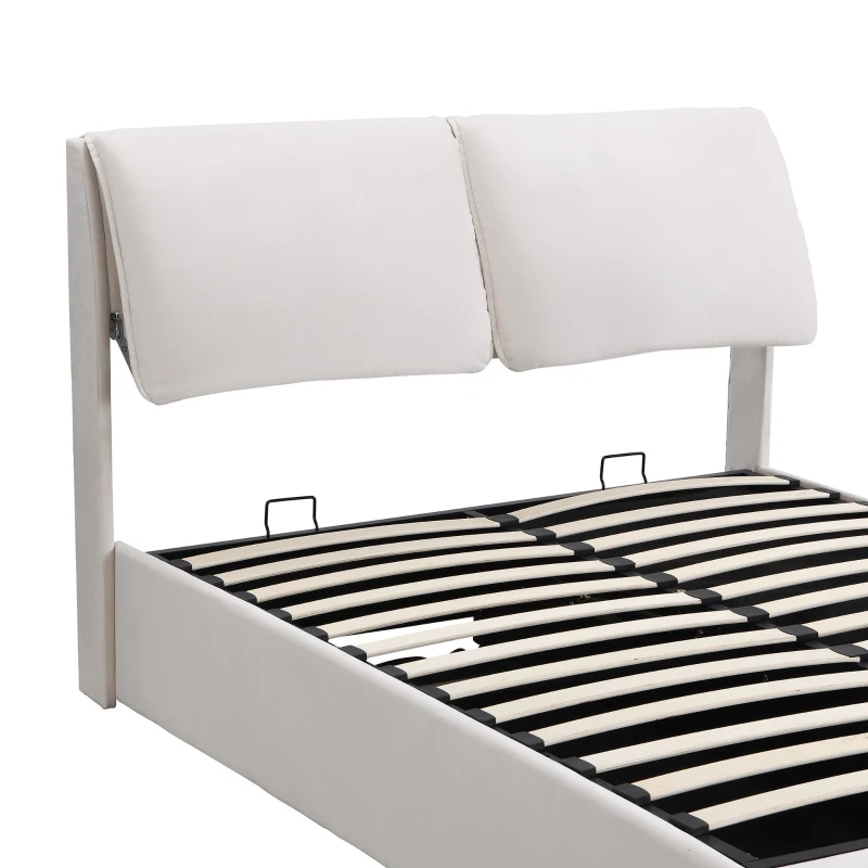 Cama tapizada con canapé hidráulico y tres cajones, somier con cabecero, sin colchón, 140x200 cm, Blanco