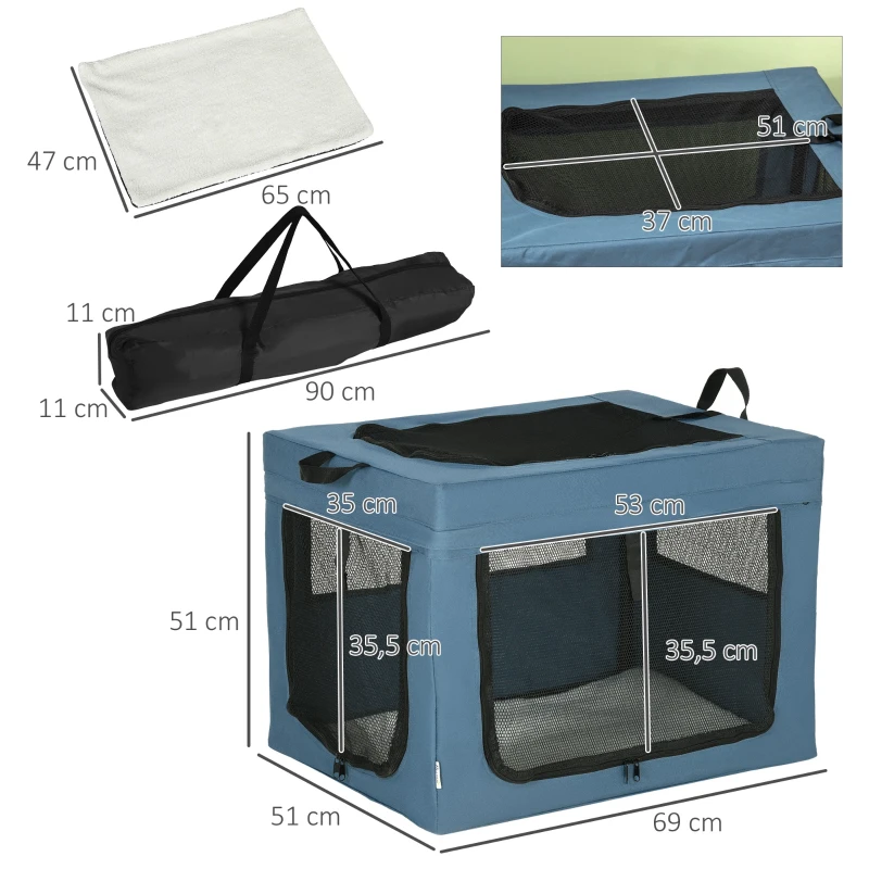 PawHut Transportadora para Cães e Gatos Portátil Dobrável com 3 Portas e Almofada Suave 69x51x51cm Azul