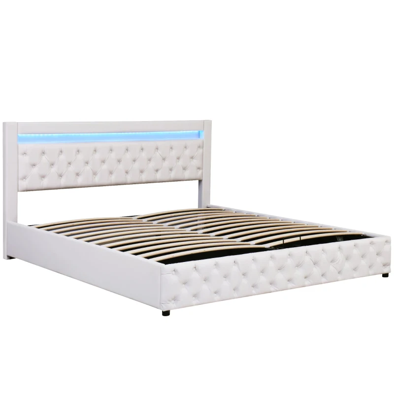 Polsterbett mit Lattenrost und Stauraum, LED-Beleuchtung, ohne Matratze, 180 x 200 cm, Weiß