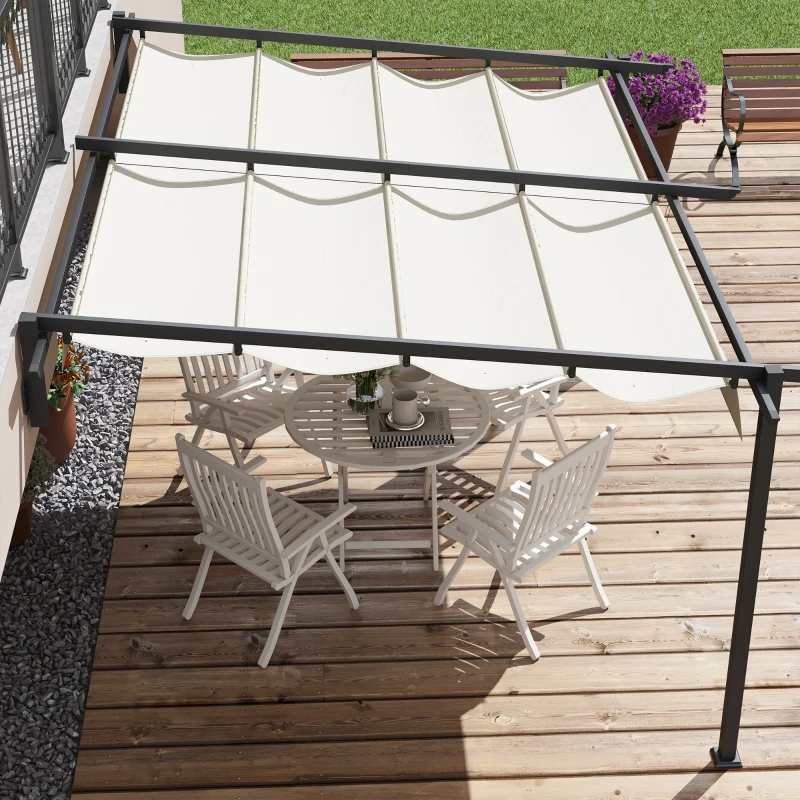 Outsunny Pérgola de Parede 4x3 m Pérgola de Jardim com Teto Retrátil de Poliéster e Estrutura de Aço Creme e Cinza Escuro