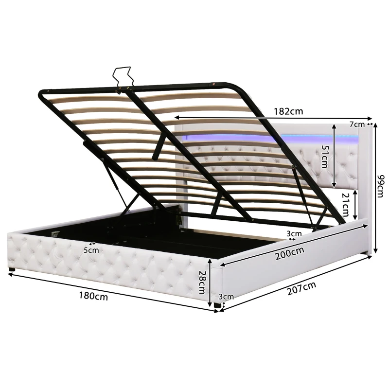 Polsterbett mit Lattenrost und Stauraum, LED-Beleuchtung, ohne Matratze, 180 x 200 cm, Weiß