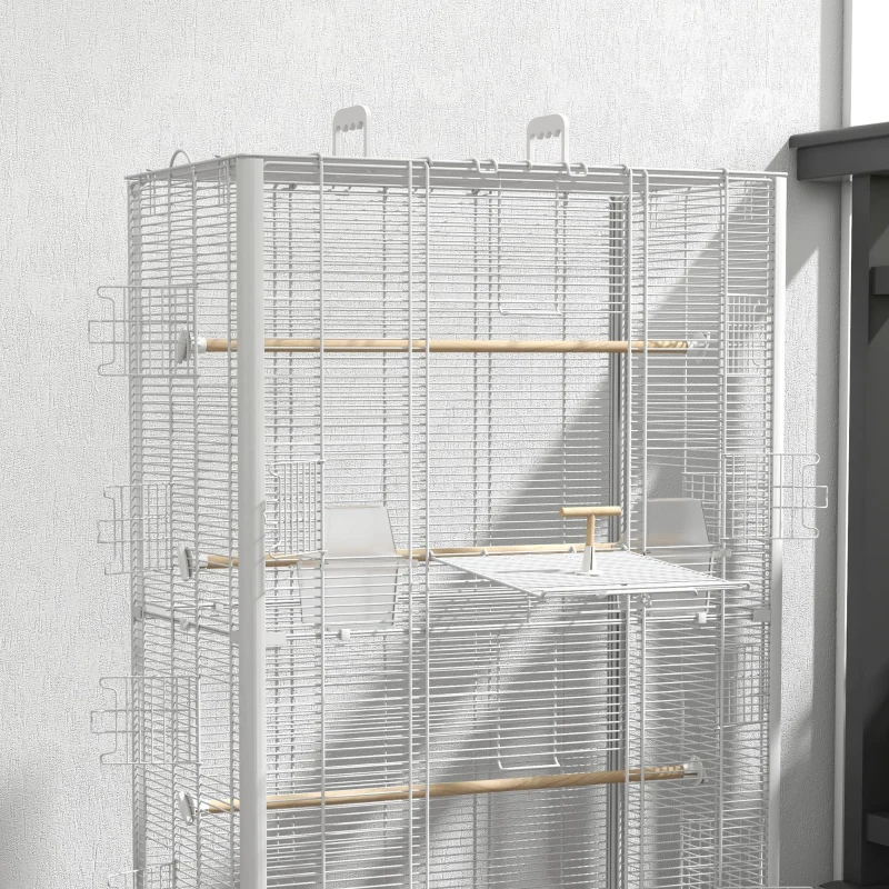 PawHut Gaiola para Pássaros 61x36,5x98 cm com Portas Poleiros Bandeja Removível e Alças para Canários Periquitos Branco