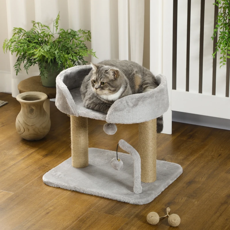 PawHut Arranhador para Gatos Pequenos Altura 42 cm Arranhador para Gatos com Cama Bolas Supensas e Postes de Juta 48x38x42 cm Cinza