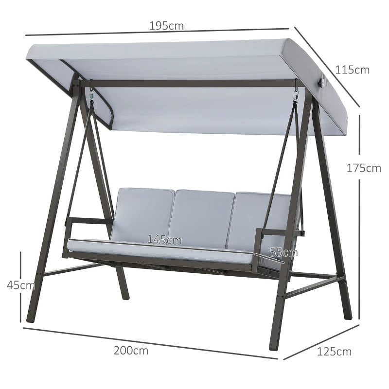 Outsunny Baloiço de Jardim de 3 Lugares com Toldo Ajustável Almofadas Removíveis e Estrutura de Aço 200x125x175 cm Cinza