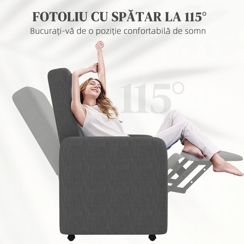 HOMCOM Fotoliu Reglabil Manual cu Suport pentru Picioare și 4 Rotile Tapițat cu Material Textil, 76x78,5x102 cm, Gri