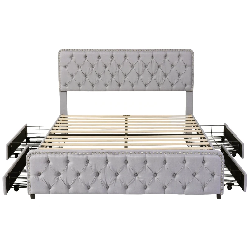 Polsterbett mit hydraulischem Bettkasten und drei Schubladen, Lattenrost mit Kopfteil, ohne Matratze, 180×200 cm, Hellgrau