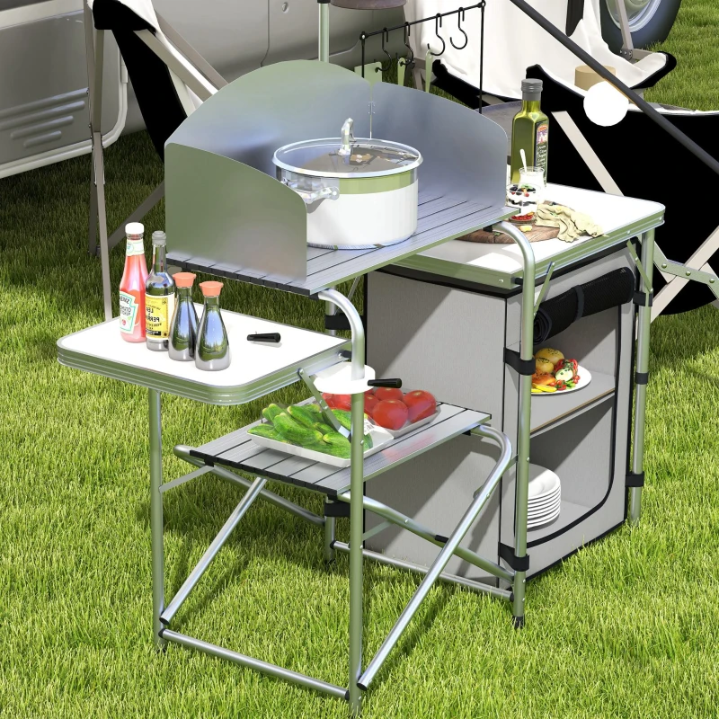 Outsunny Móvel de Cozinha para Campismo Dobrável com Mesas Estante Suporte de Luz e Ganchos 144x48x119 cm Prata e Cinza Claro