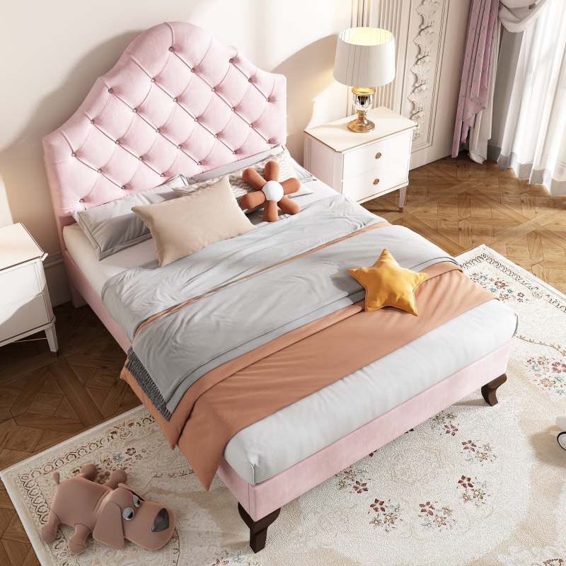 Polsterbett mit höhenverstellbarem Kopfteil und Lattenrost, Rosa