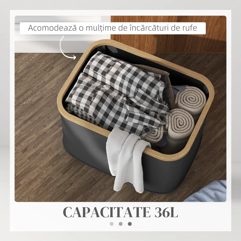 HOMCOM Coș Pliabil pentru Rufe de 36L cu Mânere, Coș pentru Rufe din Bambus și Poliester, 44,3x33,3x26,5 cm, Negru