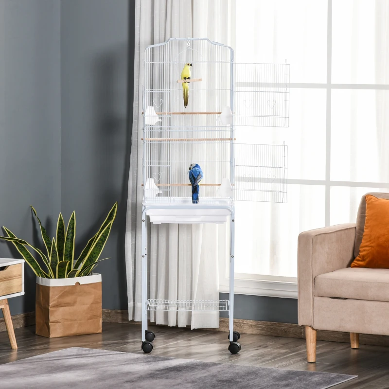 PawHut Gaiola para Passáros com Suporte  com 4 Rodas Portas 4 Comedouros 3 Poleiros e Bandeja Removível 46,5x36x157cm Branco