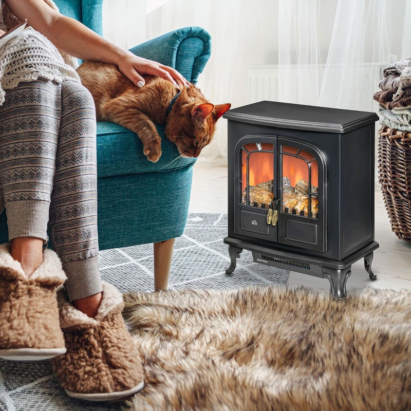 HOMCOM Electric Fireplace Stove Heater with LED Fire Flame Effect, Double Door, Freestanding & Portable with Overheat Protection, 1000W/2000W, Black