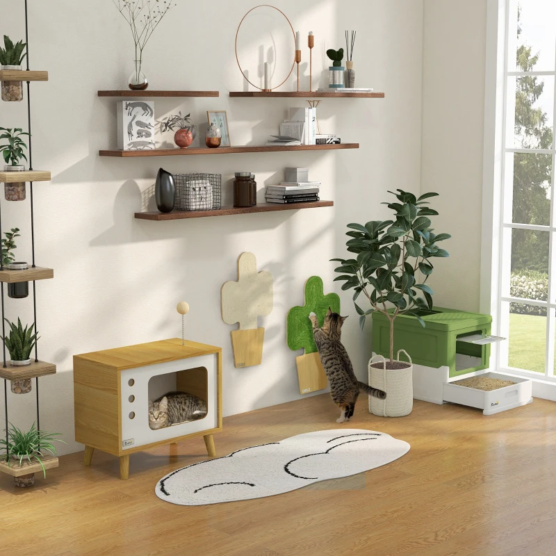 PawHut Mesa Auxiliar Casa para Gatos Estilo Televisor com Almofada Suave Lavável Bola e Pés Elevados 50x28x43cm Carvalho
