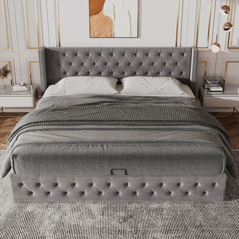 Cama tapizada con cajón hidráulico y somier, sin colchón, 140×200 cm, Gris