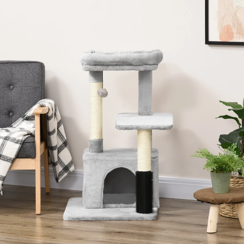 PawHut Arranhador para Gatos Médios com Casa Plataforma Bola Brinquedo Arranhador e Postes de Sisal 48x48x85 cm Cinza