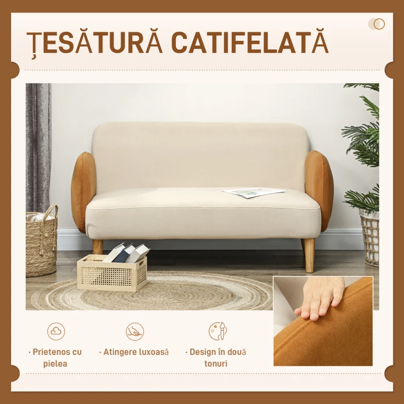 HOMCOM Canapea cu 2 Locuri în Stil Nordic din Material Textil cu Brațe și Picioare din Lemn, 138x73x74 cm, Alb Crem(m-4)