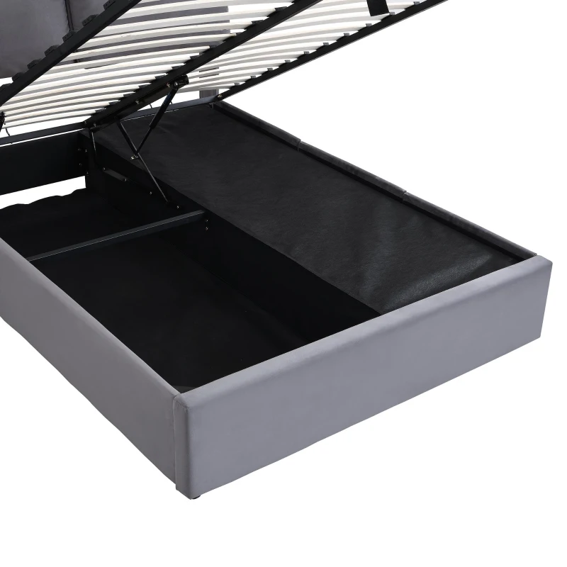 Letto imbottito con contenitore idraulico e tre cassetti, rete a doghe con testiera, senza materasso, 140x200 cm, Grigio