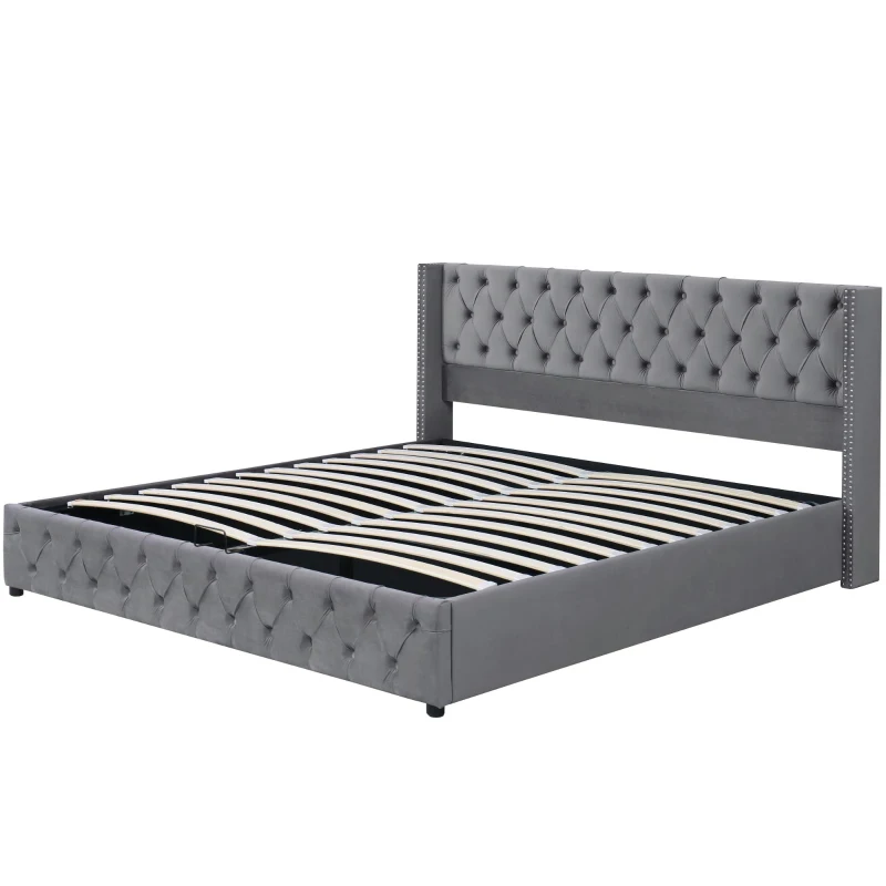 Cama tapizada con cajón hidráulico y somier, sin colchón, 140×200 cm, Gris