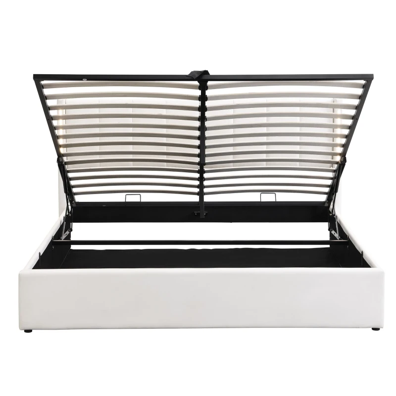 King Size Bed with Storage and Adjustable Headboard, LED Bed Base with USB Port, 201L x 151W x 103H cm, White