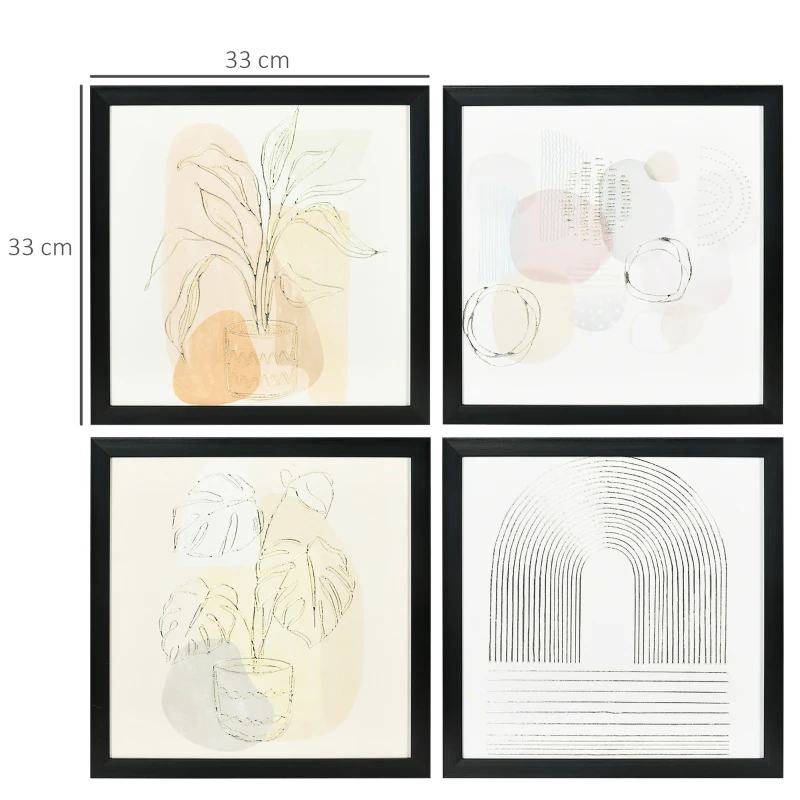 HOMCOM Quadro em Lona Moderno Pintura Abstrata  Impressão de 4 Peças de Arte de Parede Decoração Elegante 33x33cm Multicor