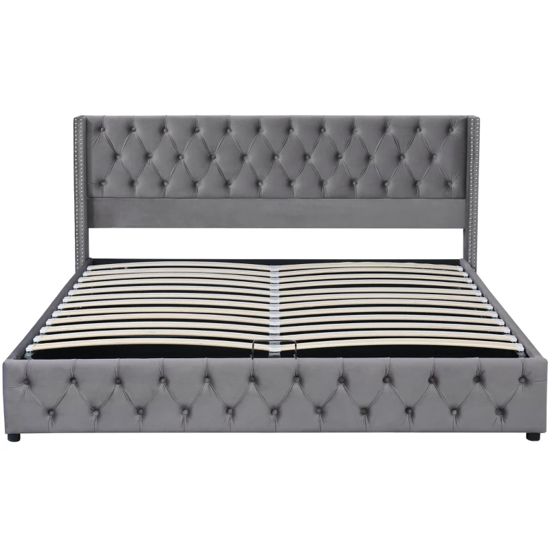 Cama tapizada con cajón hidráulico y somier, sin colchón, 140×200 cm, Gris