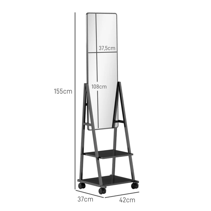 HOMCOM Verrijdbare Volledige Lichaamsspiegel met 2 Planken en 4 Wielen, voor Slaapkamer, Woonkamer, Hal, Zwart