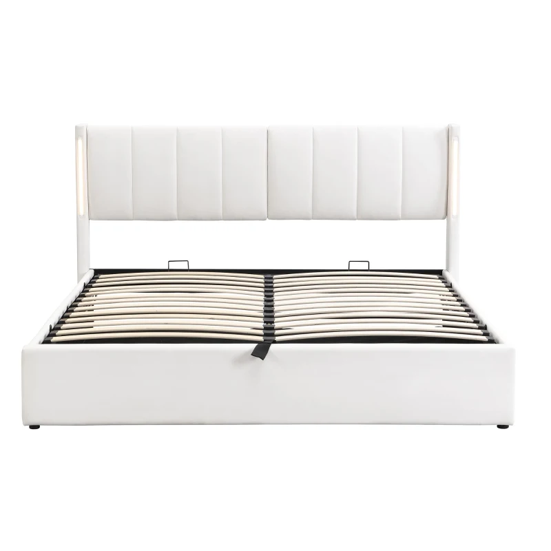 Double Bed Frame with Storage and LED Lights, Upholstered Double Bed Base with USB Port, Adjustable Headboard, 191L x 136W x 103H cm, White