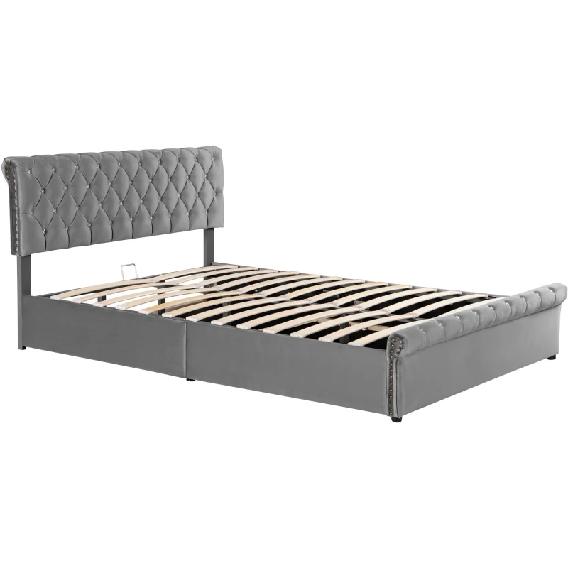 Cama tapizada con almacenamiento hidráulico y cabecero ajustable en altura, sin colchón, 140 x 200 cm, Gris