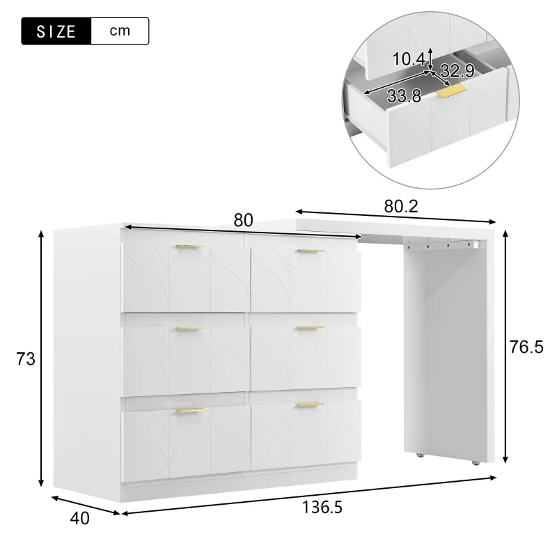 Vanity Table with 6 Storage Drawers, Rotating Top, Gold Handles, Dressing Table with Shock-Resistant Corners, 136.5L x 40W x 73H cm, White