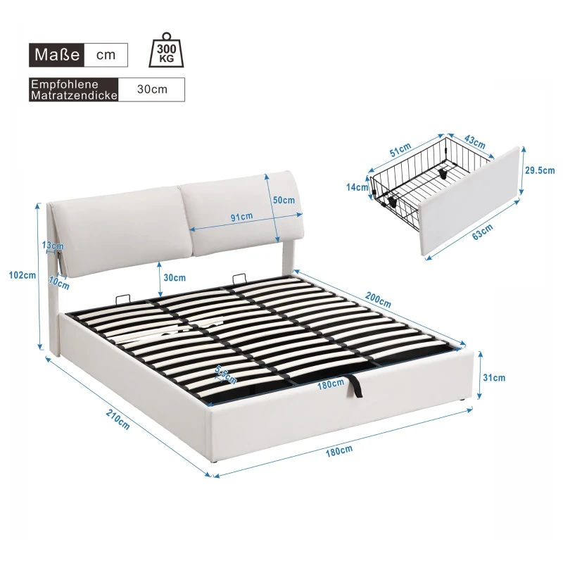 Polsterbett mit hydraulischem Bettkasten und drei Schubladen, Lattenrost mit Kopfteil, ohne Matratze, 180×200 cm, Weiß
