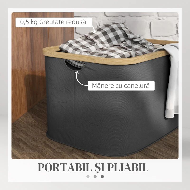 HOMCOM Coș Pliabil pentru Rufe de 36L cu Mânere, Coș pentru Rufe din Bambus și Poliester, 44,3x33,3x26,5 cm, Negru